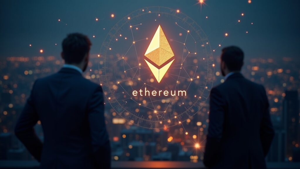 Ethereum logo in the foreground, with a dynamic ecosystem, institutional investors and staking nodes illuminated in a city.