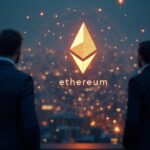 Ethereum logo in the foreground, with a dynamic ecosystem, institutional investors and staking nodes illuminated in a city.