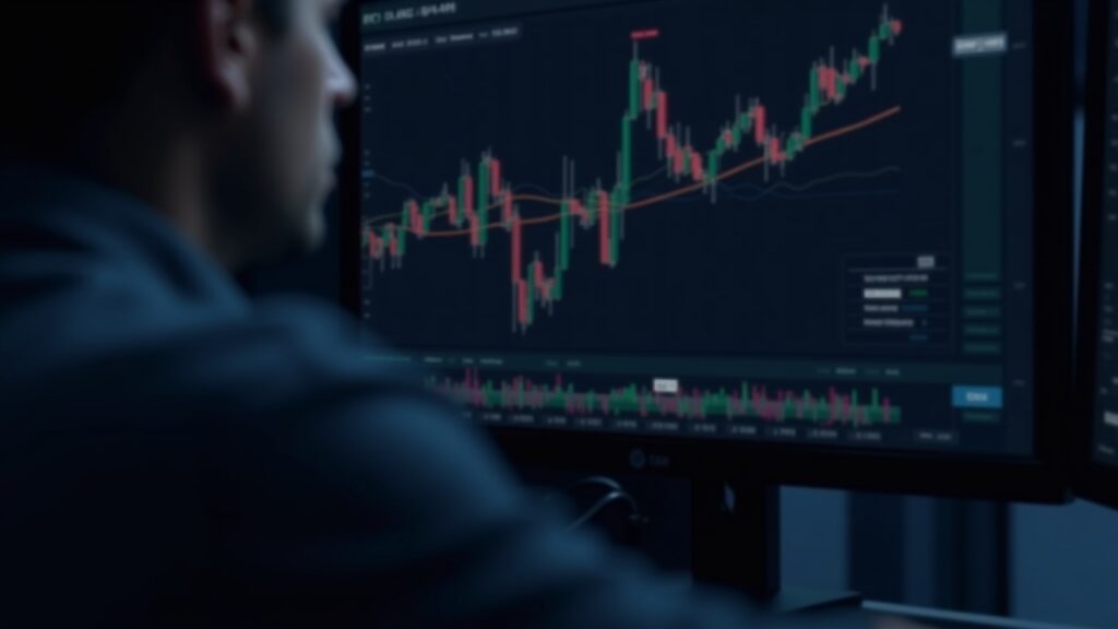 Trader analyzes ETH and BTC charts; Ethereum logo and Layer-2 icons shine, indicating a pause in momentum and DeFi liquidity.