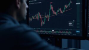 Trader analyzes ETH and BTC charts; Ethereum logo and Layer-2 icons shine, indicating a pause in momentum and DeFi liquidity.