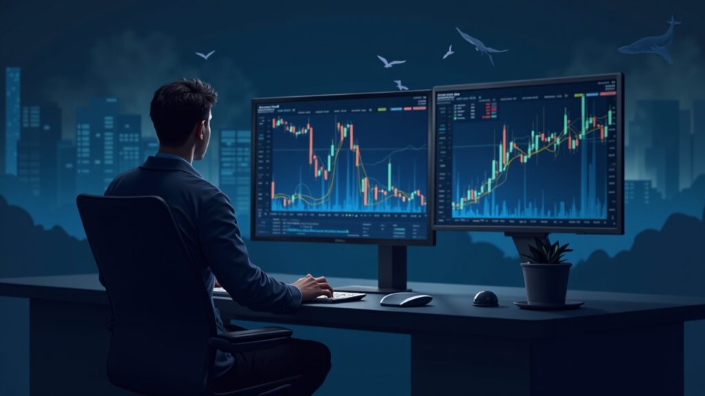 Trader in front of screens with Ethereum, price close to $3,739, descending chart and silhouettes of whales