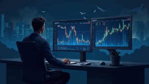 Trader in front of screens with Ethereum, price close to $3,739, descending chart and silhouettes of whales