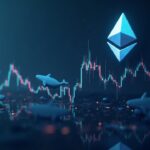 Photorealistic Ethereum logo over a rising price chart, silhouettes of whales and real-time on-chain data.