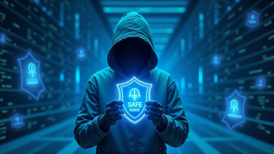 White-hat ethical hacker in front of a holographic blockchain with a luminous Safe Harbor shield, symbolizing secure on-chain recovery.