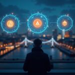 central investor watches holograms of BTC and ETH against the London skyline, FCA badge, regulated crypto exposure.