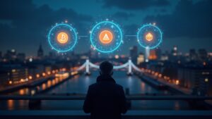 central investor watches holograms of BTC and ETH against the London skyline, FCA badge, regulated crypto exposure.