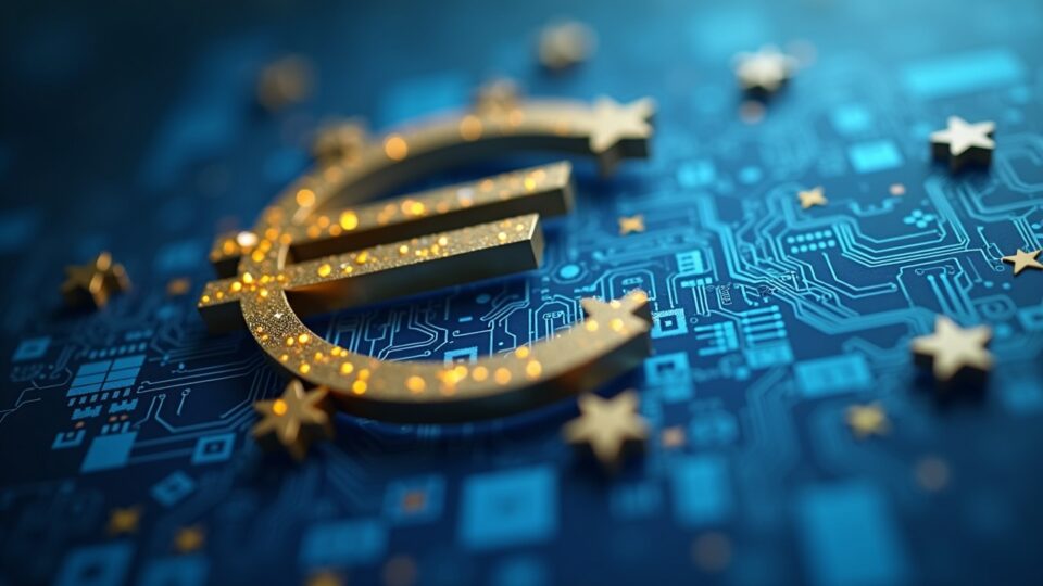 Close-up of a Euro symbol merged with digital circuitry, with a blurred EU legislative document in the background.