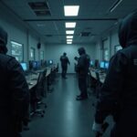Europol operation in Latvia seizes crypto assets and SIM box infrastructure, with a news room in the background.