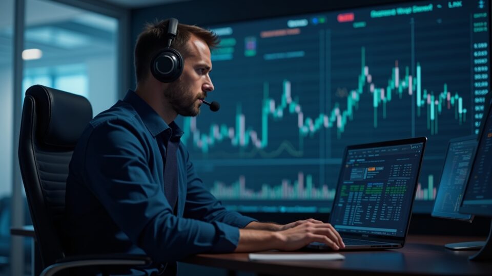 Crypto analyst in a newsroom with charts of LINK, XRP, Aster, PI and SUI, showing increased supply and liquidity pressure.
