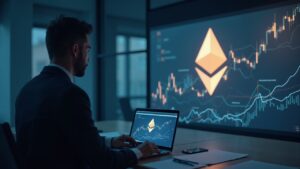 Executive in a boardroom looking at an upward chart and the Ethereum logo, illustrating ETH treasury and tokenization.