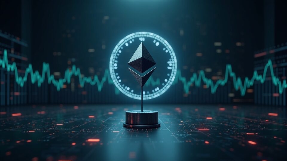 Ethereum validator in the foreground, with a long queue of ETH and a clock, illustrating the staking exit and liquidity.