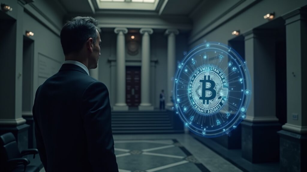 Central bank official in front of a holographic Bitcoin network, illustrating crypto integration in payments.