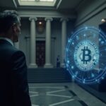 Central bank official in front of a holographic Bitcoin network, illustrating crypto integration in payments.