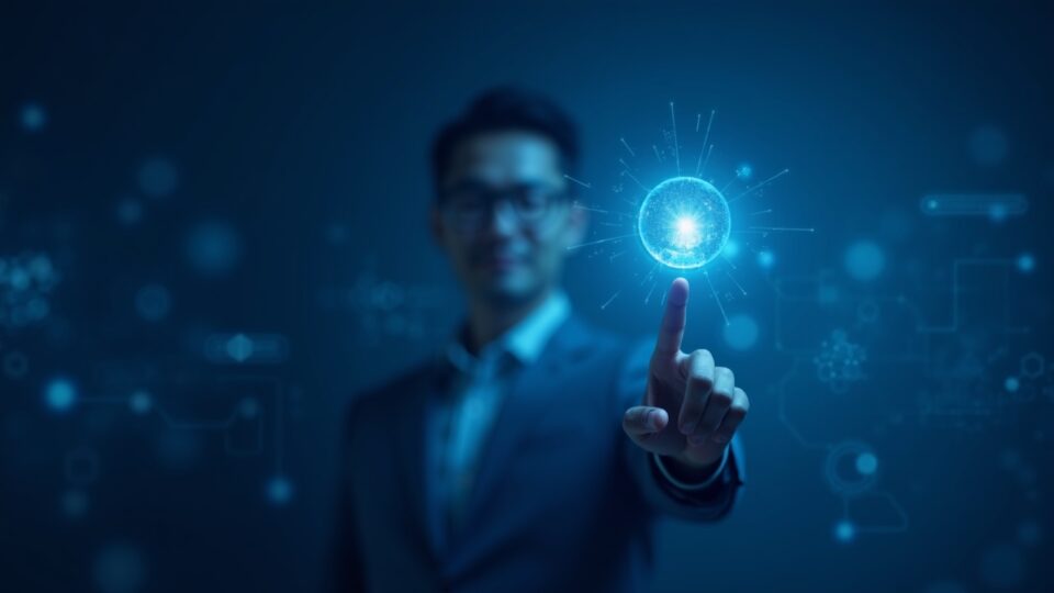 CEO with finger-vein-based crypto wallet, surrounded by holographic blockchain visuals and a blue background.