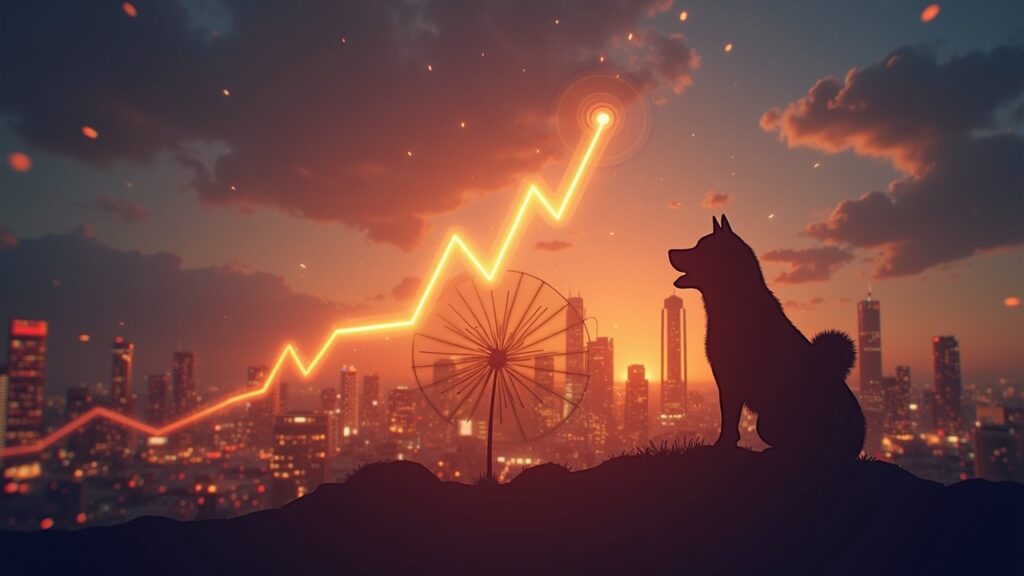Shiba Inu dog rises over an illuminated crypto chart; silhouette of Elon Musk in the background, futuristic city.