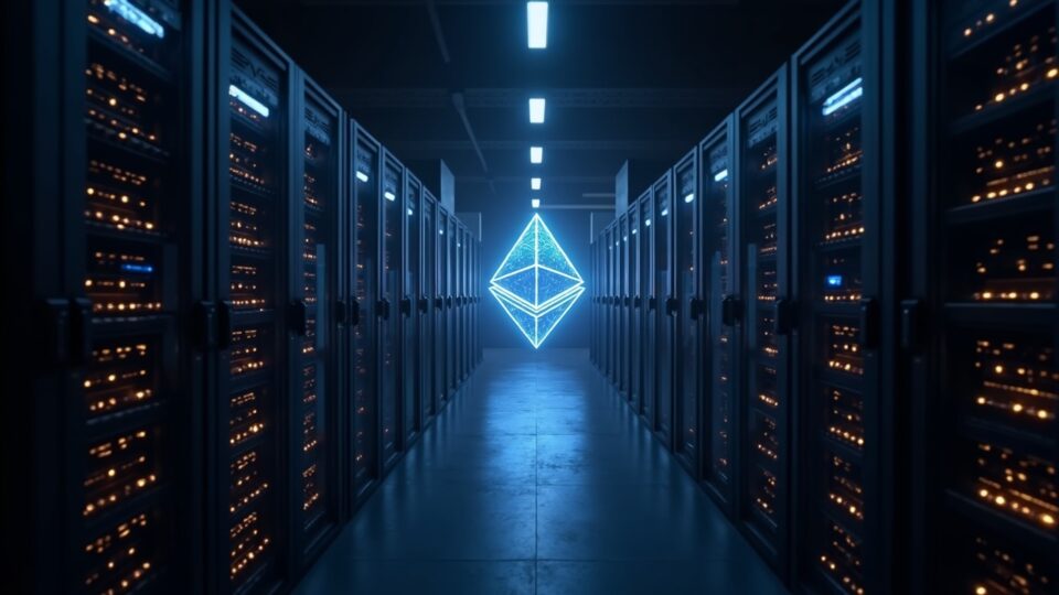 Photorealistic Ethereum data center with Holesky milestones glowing toward mainnet and PeerDAS shard, newsroom‑style lighting.
