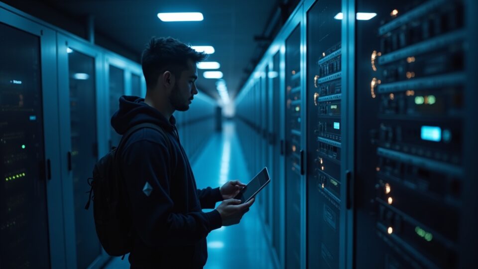 Developer in a modern data center with visuals of Ethereum and nodes, pointing at gas 150M and blobs 14/21 for Fusaka Hoodi