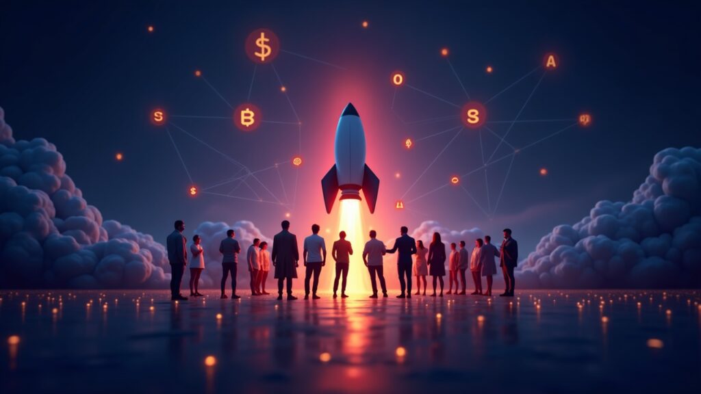 Diverse team launches tokens from a no-code platform; bright icons emerge over a blockchain background.
