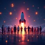 Diverse team launches tokens from a no-code platform; bright icons emerge over a blockchain background.