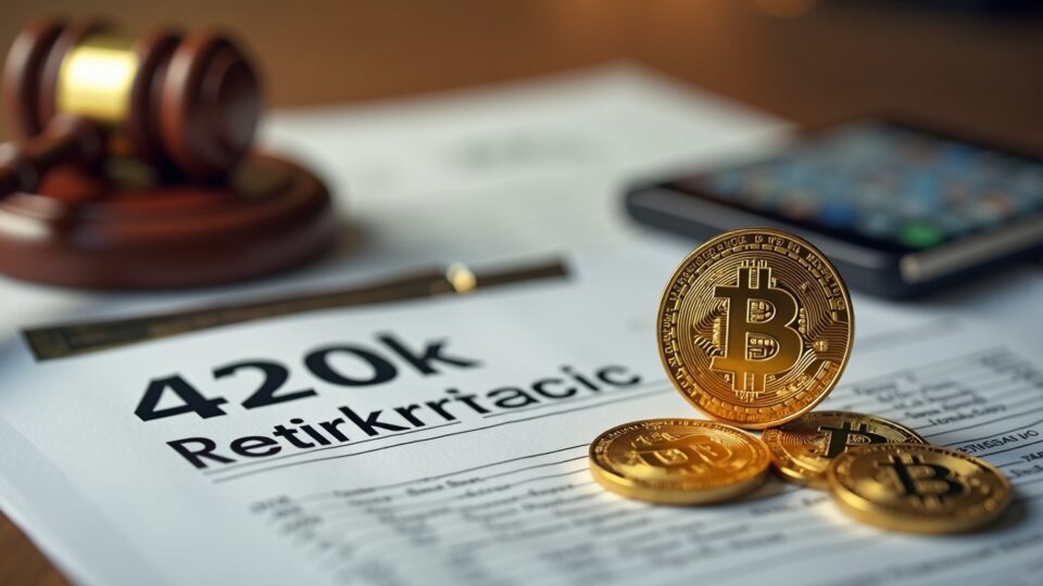 Judge's gavel next to Bitcoin icons and 401(k) plan documents, symbolizing crypto in retirement.