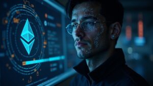 Portrait of a technological innovator next to GKR diagrams and the Ethereum logo, with data flows suggesting fast ZK proofs