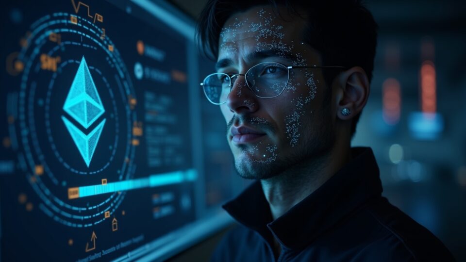 Portrait of a technological innovator next to GKR diagrams and the Ethereum logo, with data flows suggesting fast ZK proofs