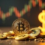 Realistic scene with Bitcoin and gold in the foreground, dollar fading in the background, newsroom lighting.
