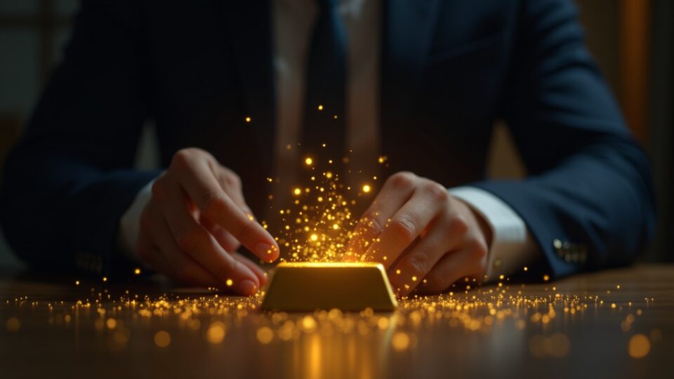 Financial analyst in a suit places a gold bar next to a luminous blockchain network, assessing purchasing power and crypto sovereignty.