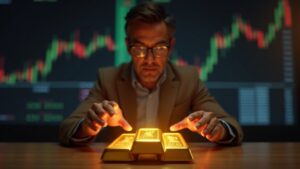 Trader analyzes gold bars in front of a digital chart indicating a 4370-4380 resistance breakout.