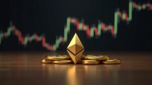 Split-screen: gold bar beside rising Ethereum coin over a chart converging to $5K, newsroom lighting.