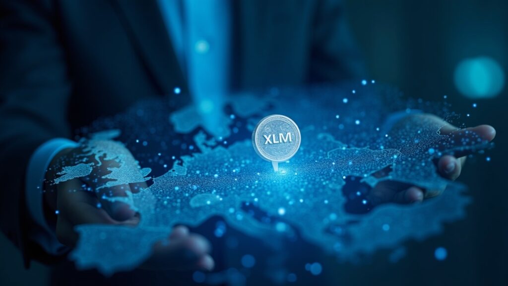 Fintech professional surrounded by a holographic map with ADA, XLM, DOT and a fourth token, blue tone