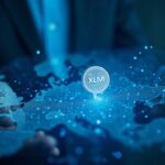 Fintech professional surrounded by a holographic map with ADA, XLM, DOT and a fourth token, blue tone