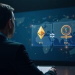 A suited investor in front of a holographic screen showing ETH and SOL staking rewards, with U.S. regulatory motifs and a blockchain network.