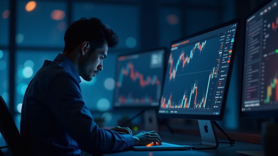Trader focused at a modern desk, glowing on‑chain analytics and SNX charts over Ethereum.