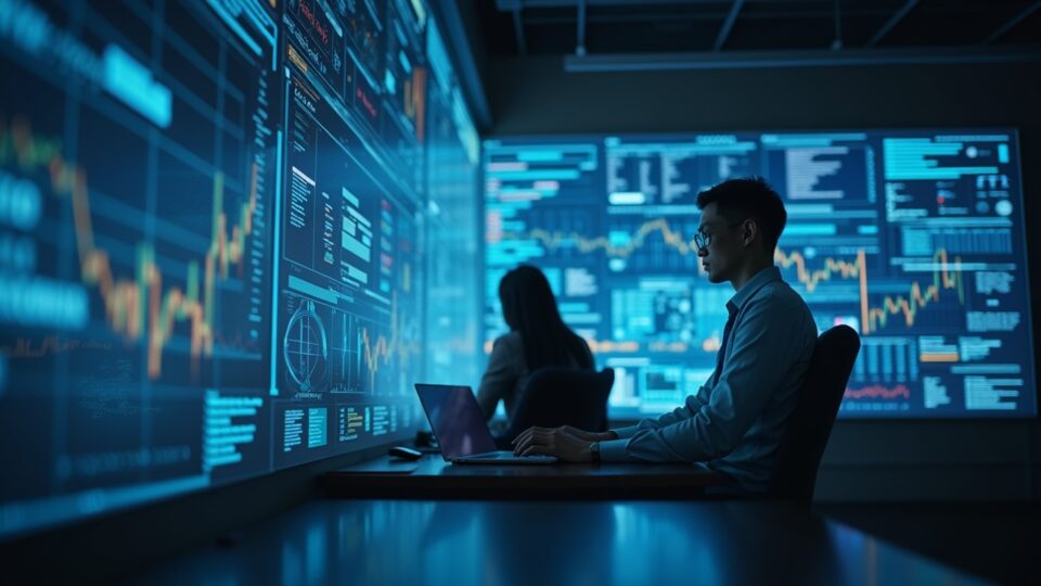 Treasury executive in a Hong Kong office in front of holographic crypto screens and a regulatory sign.