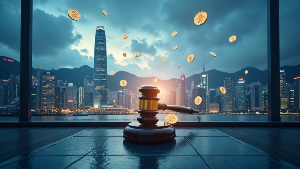 Hong Kong regulator in skyline, floating crypto assets and secure vault, reflecting stable leadership in crypto rules.