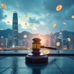 Hong Kong regulator in skyline, floating crypto assets and secure vault, reflecting stable leadership in crypto rules.