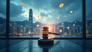 Hong Kong regulator in skyline, floating crypto assets and secure vault, reflecting stable leadership in crypto rules.