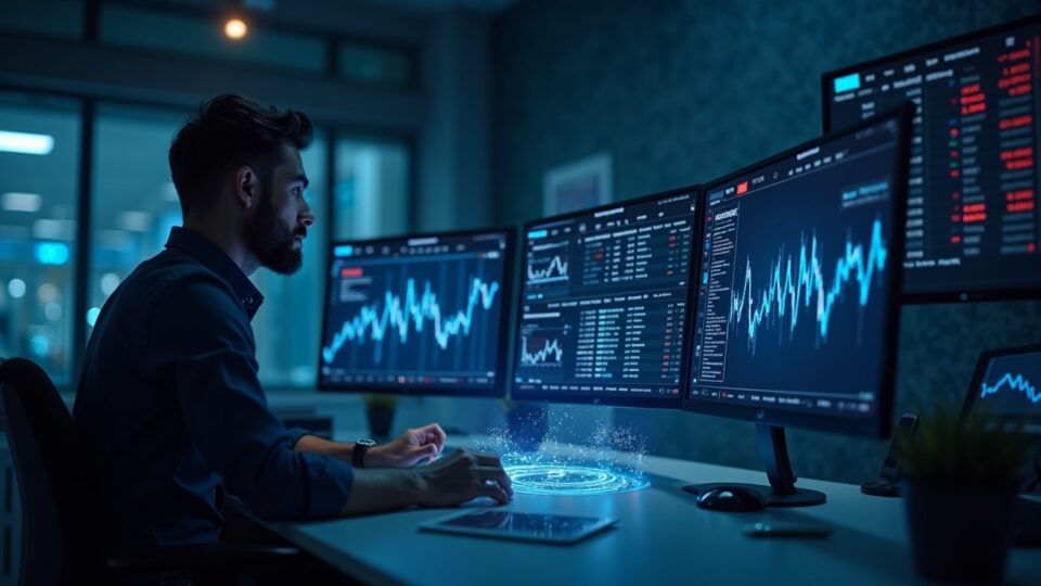 Photorealistic trader at a sleek desk with holographic on-chain perpetuals order book and Hyperliquid and HyperEVM logos.
