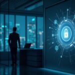 Corporate treasury executive in an elegant office, holographic cross-chain networks and quantum vault emblem.