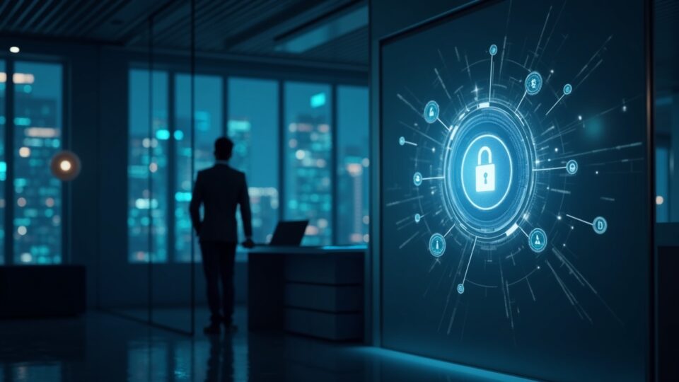 Corporate treasury executive in an elegant office, holographic cross-chain networks and quantum vault emblem.
