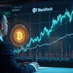 Suited analyst in front of holographic Bitcoin graph and rising asset curve, IBIT BlackRock branding.