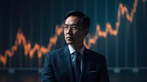 Executive in a suit in front of an upward Bitcoin chart, highlighting IBIT and crypto regulation.