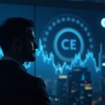 Close-up of a confident executive in front of an illuminated Polymarket dashboard and the ICE logo, futuristic city.