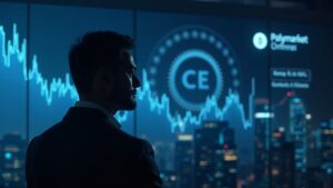 Close-up of a confident executive in front of an illuminated Polymarket dashboard and the ICE logo, futuristic city.