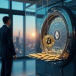 Financial professional observes flows of Bitcoin, Ethereum and Solana entering a glass ETF vault, with an urban skyline.