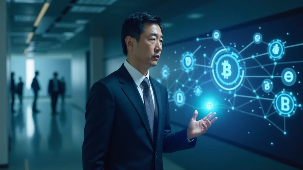 Photorealistic header of a Japanese leader in a suit in a tech room, with holographic crypto icons and blockchain networks.