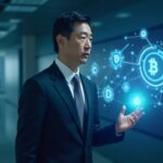 Photorealistic header of a Japanese leader in a suit in a tech room, with holographic crypto icons and blockchain networks.