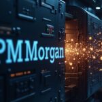 JPMorgan logo with blockchain nodes and flows of tokens toward a digital ledger, symbolizing tokenization.