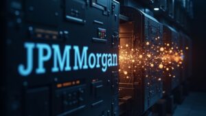 JPMorgan logo with blockchain nodes and flows of tokens toward a digital ledger, symbolizing tokenization.